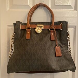 Michael Kors Brown Signature MK Tote with Tan Leather Trim
